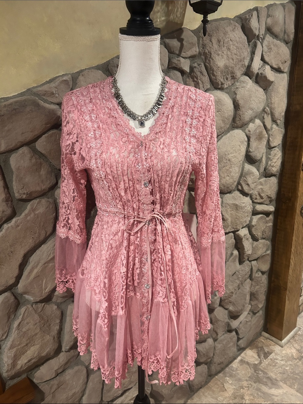 NWT Adore Pink Lace Romantic Tunic With Rhinestone Buttons and Ribbon Accents S